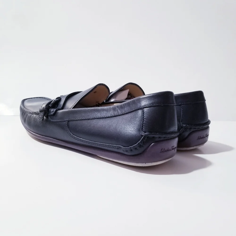 SALVATORE FERRAGAMO Black Leather Side Buckle Loafers Wine Vibram Sole 9.5